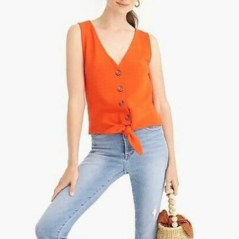 J. Crew Orange Textured Tie Front Button Down Tank Top